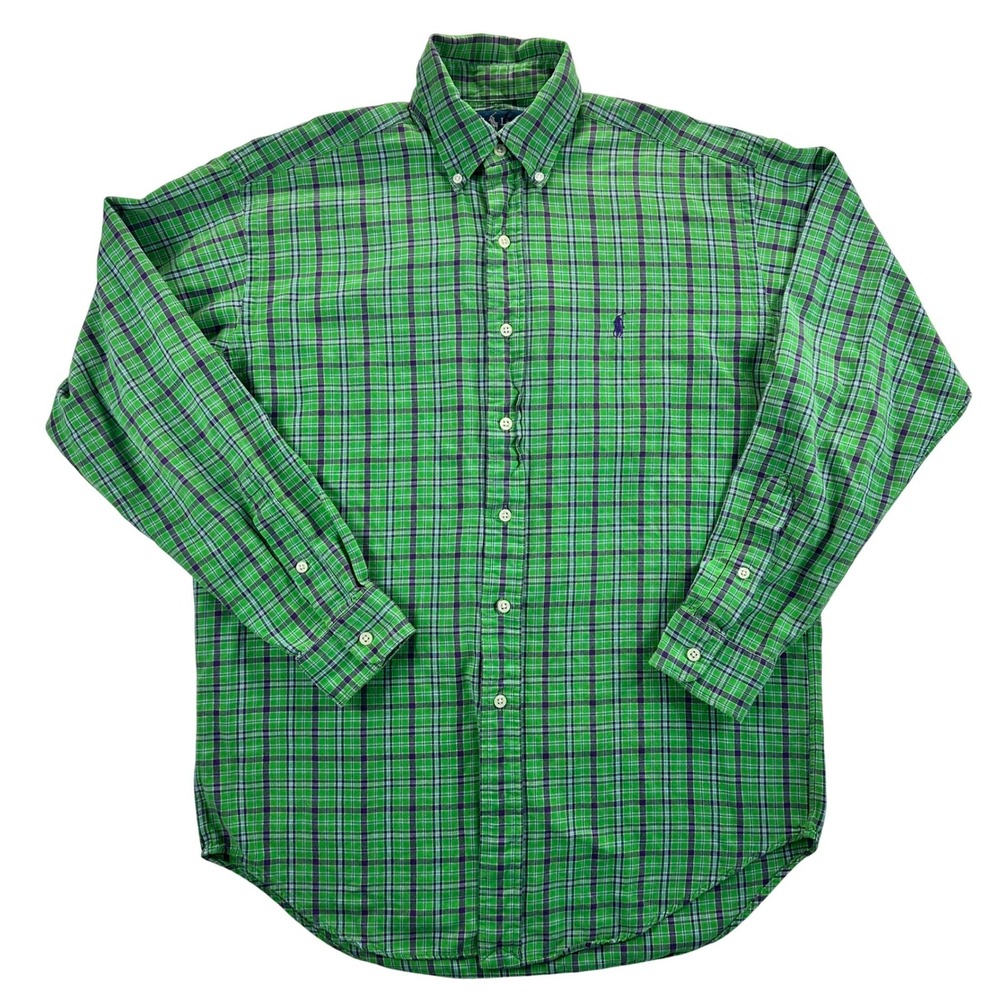 Ralph Lauren Blake Mens Small Green Purple Plaid Cotton Button Down Shirt Preppy - Picture 2 of 10